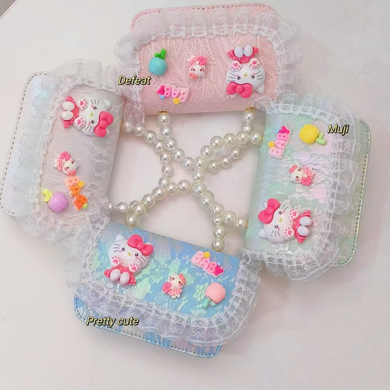 Cartoon KT cat bag, pearl handbag, single-shoulder crossbody bag, loose change accessory bag, chain bag, small square bag, children's bag Specification drawing