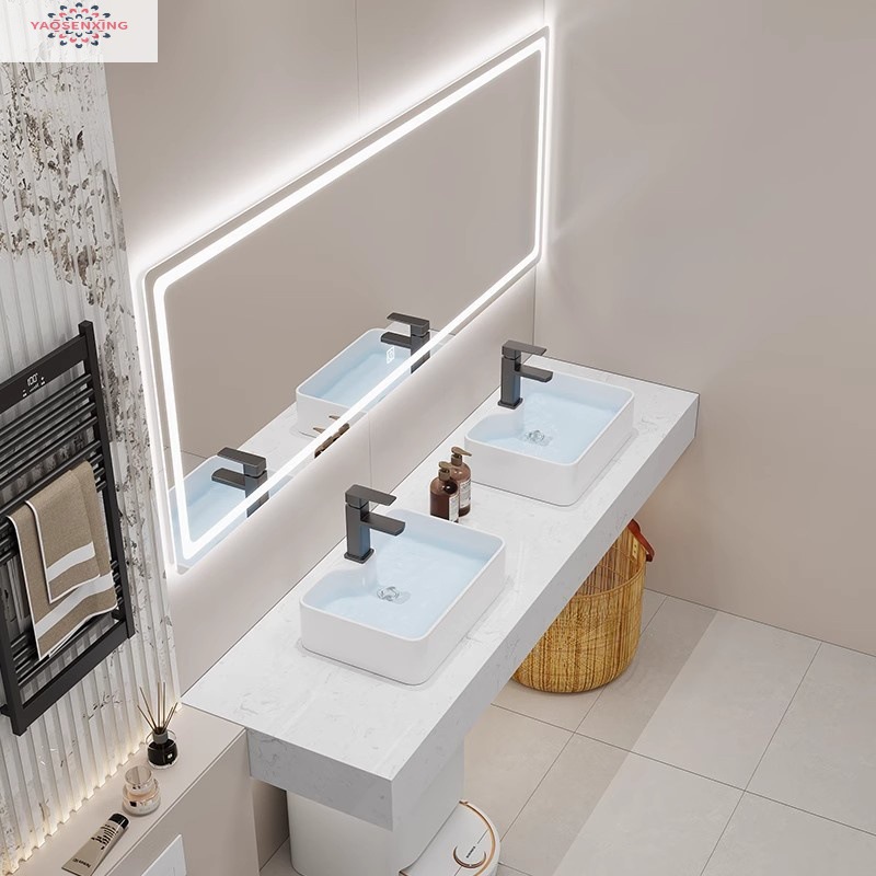 Modern marble countertop double basin hotel public bathroom bathroom cabinet combination bathroom washbasin simple details Picture