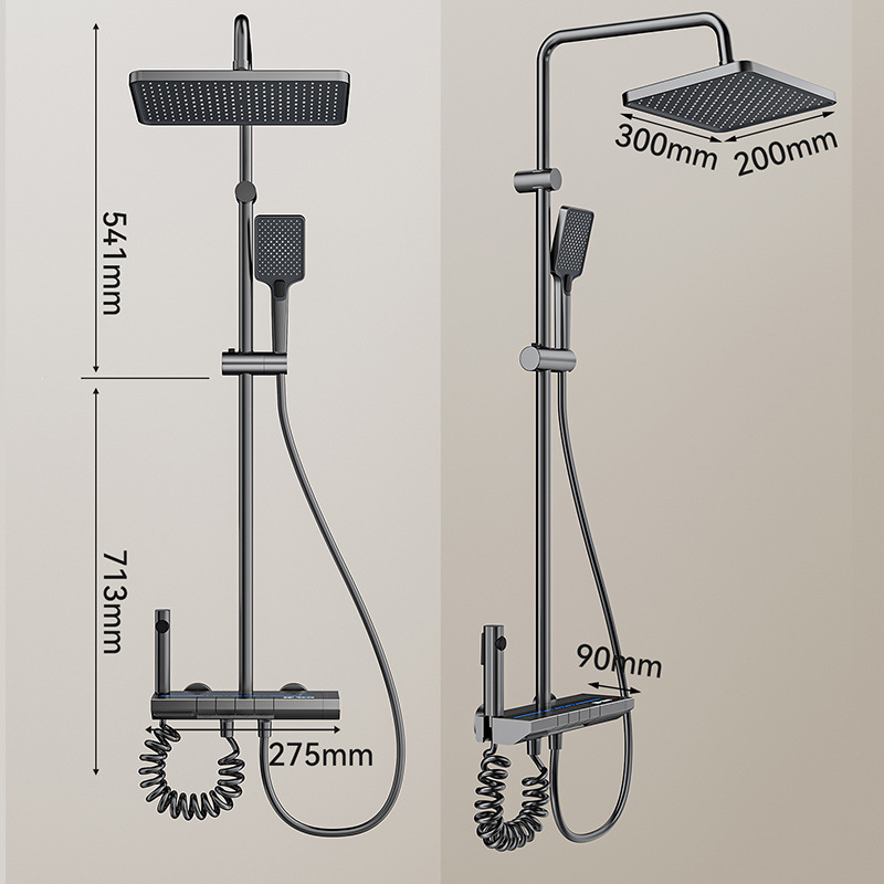 Zhengba Ambient light Digital display Space Aluminum household Shower head, bathroom square shower head set, pressurized concealed shower head Specification drawing