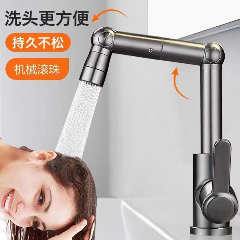Thickened brass, durable, universal rotating cold and hot household kitchen sink, washbasin, two-in-one mechanical arm faucet Application Scenario