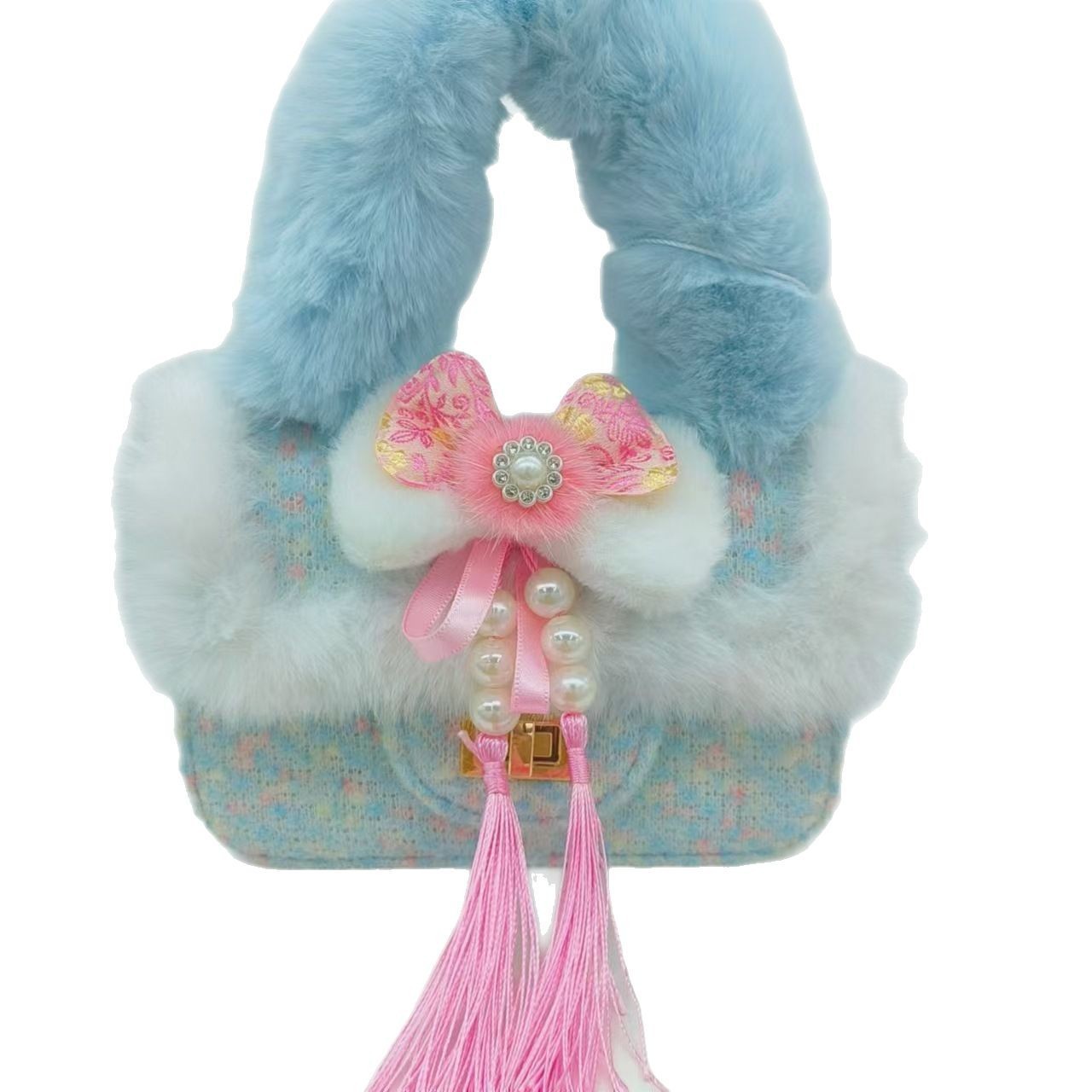 Chinese-style children's bags, plush handbags, single-shoulder crossbody bags, little girls, princesses, coin purges, accessory bags, small square bags Item Picture