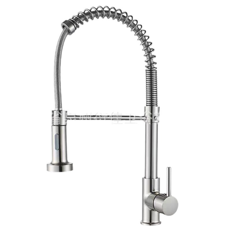 Spring-pull kitchen stainless steel hot and cold water faucet, sink, dishwashing basin, household splash-proof dual water outlet mode head Item Picture