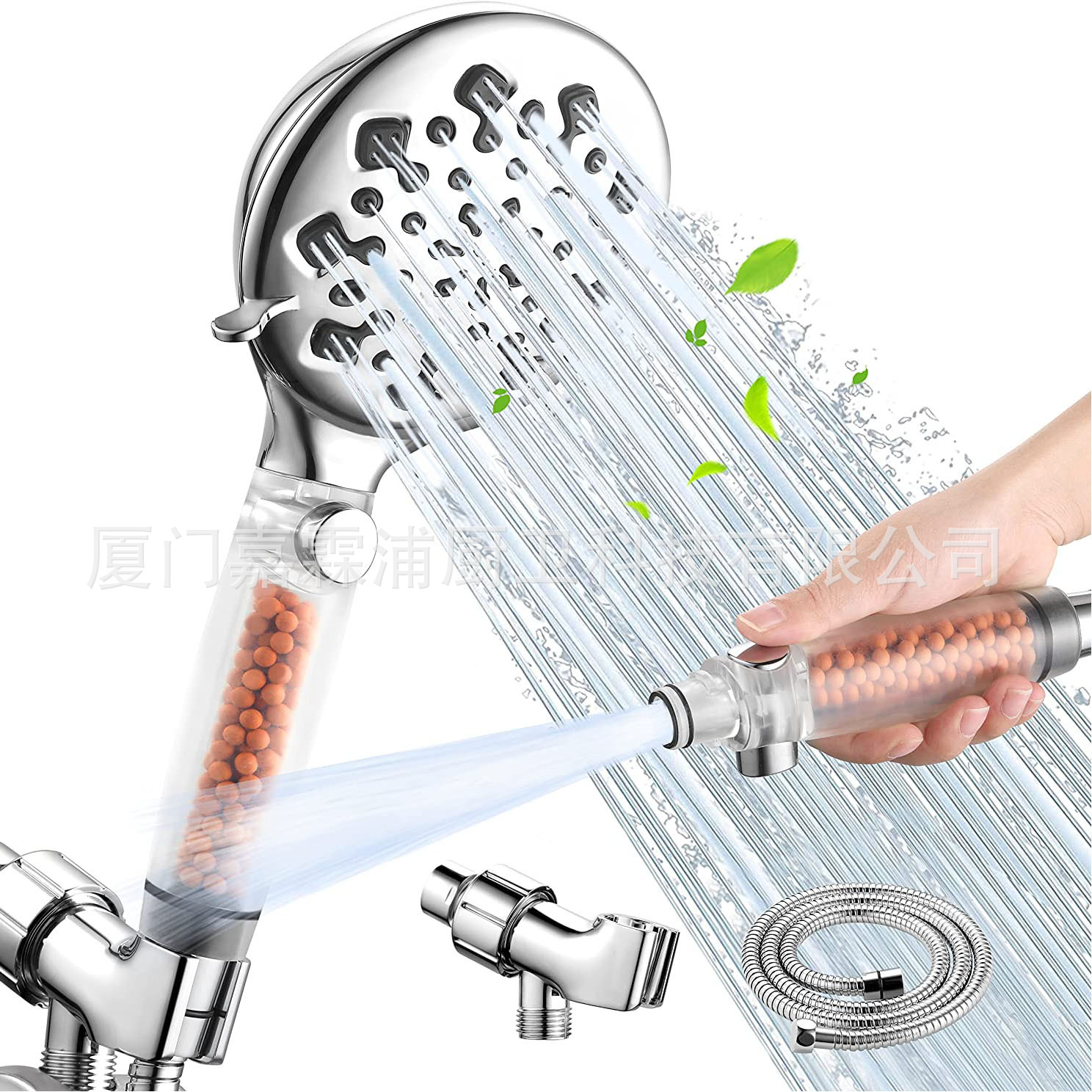 Cross-border European, American, Japanese and South Korean detachable 10-function showerhead with filtration and pressure increase, one-button water stop, handheld showerhead full figure