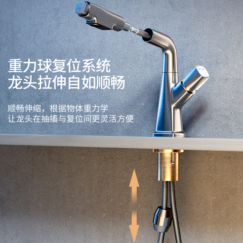 Washbasin, pull-out faucet, height-adjustable bathroom basin, all-copper bathroom cabinet, washbasin, washbasin, hot and cold details Picture