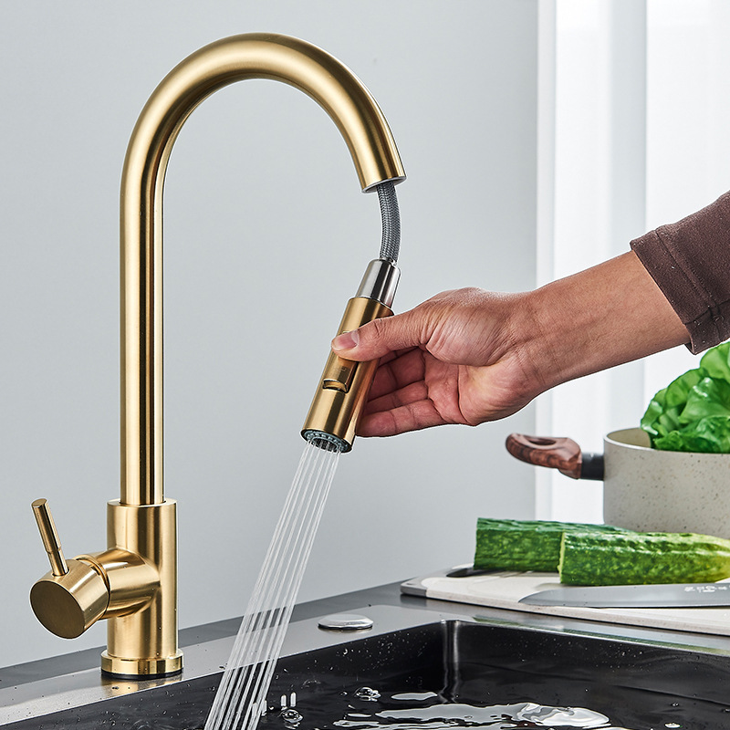 304 stainless steel kitchen pull-out faucet, gold and black brushed style sink and washbasin pull-out faucet Specification drawing