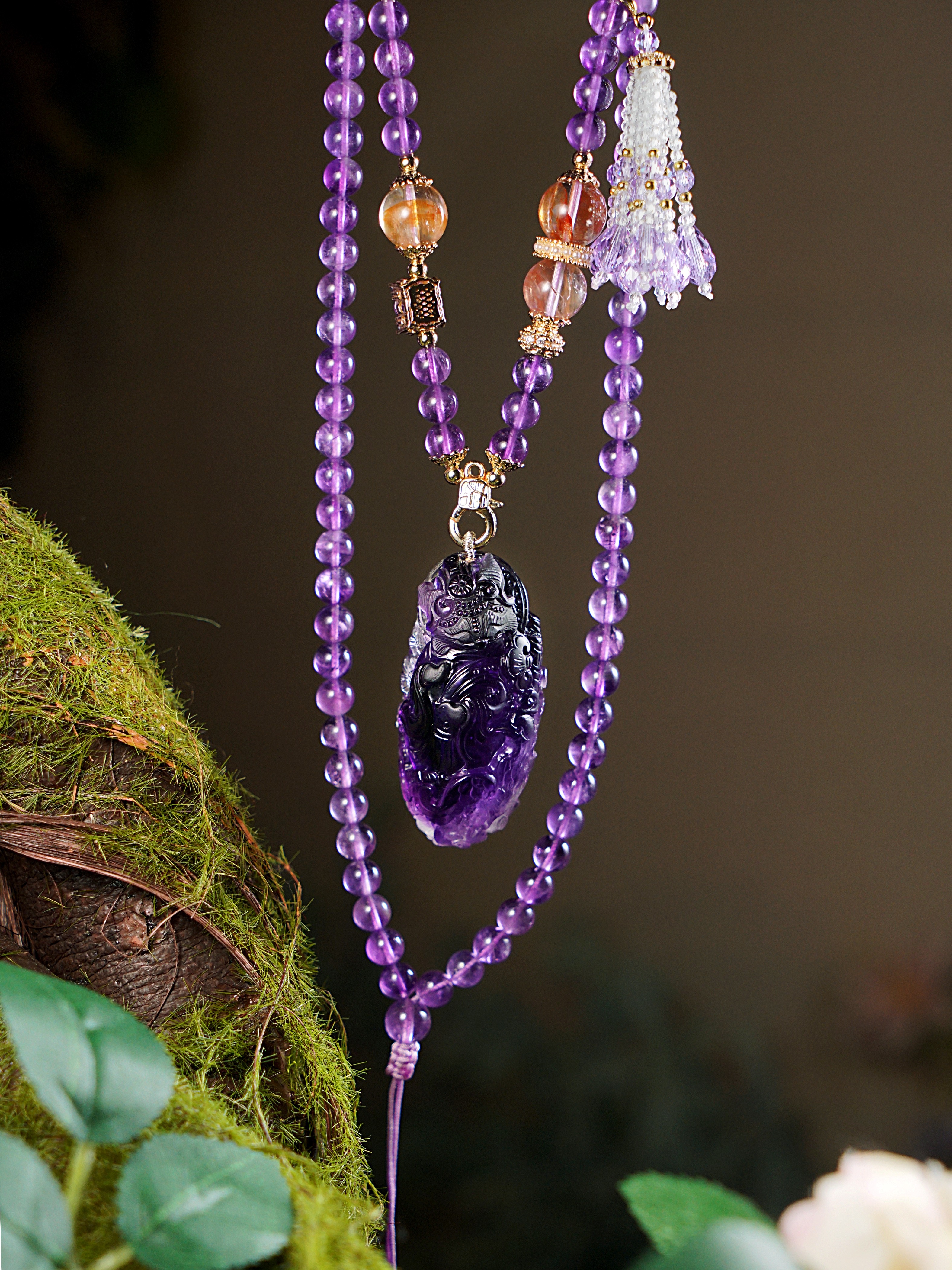 天然紫水晶梅花许愿狐狸吊坠紫气东来九尾狐国风项链