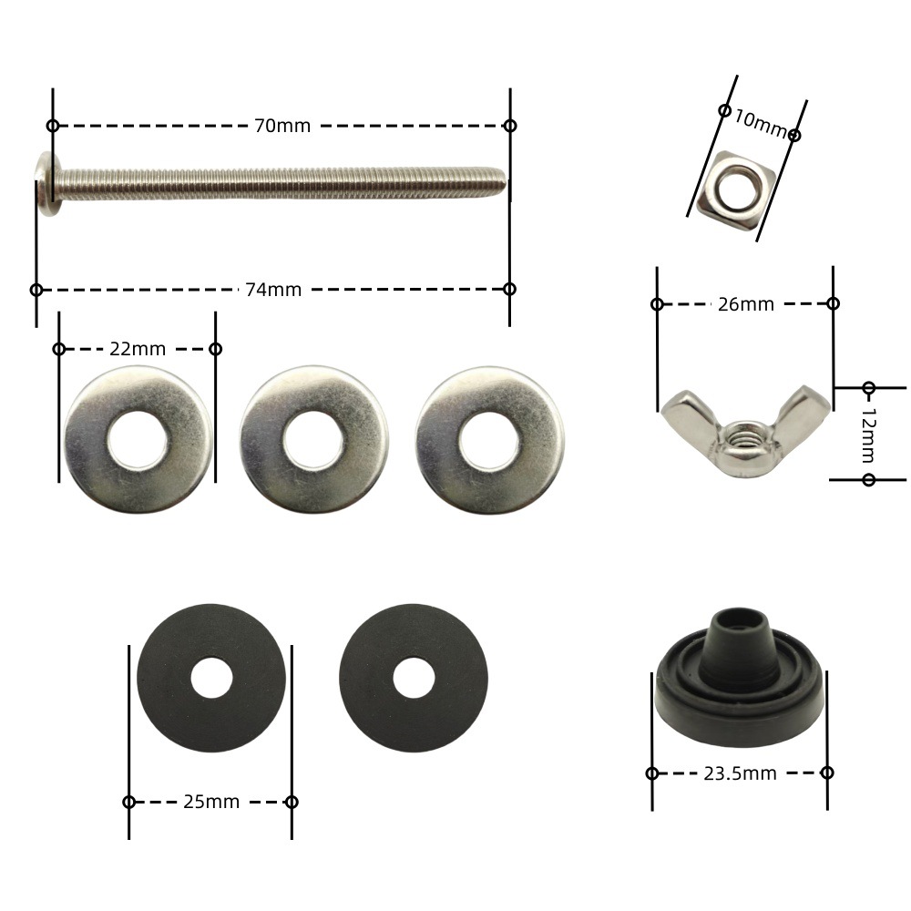Toilet tank screws, split toilet bowl, bathroom accessories, 2-inch and 3-inch foamed rubber sealing rings, extended screw rods Specification drawing