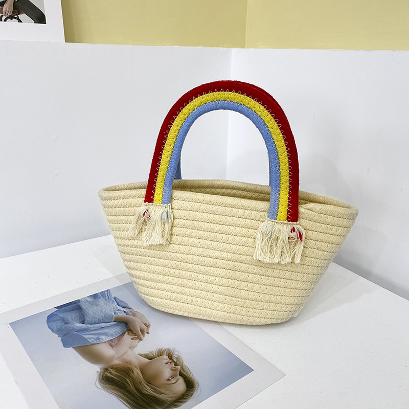 Cute rainbow hand-held small bag for women, new fashionable, casual and trendy women's bag, straw woven bag, beach vacation bag Specification drawing