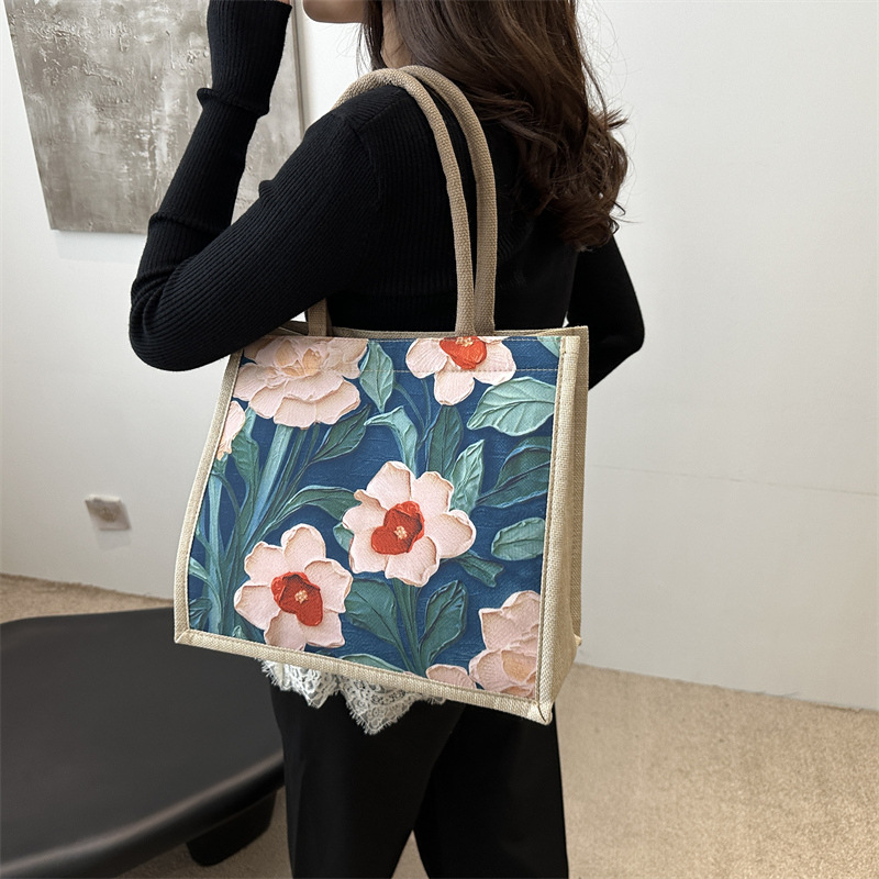 Large-capacity linen single-shoulder tote bag, 2025 new ethnic style student class handbag, versatile commuting bag details Picture