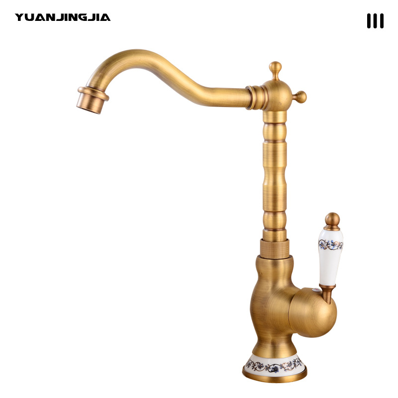 French retro copper washbasin faucet, household balcony washbasin, countertop basin, hot and cold rotatable kitchen faucet Item Picture