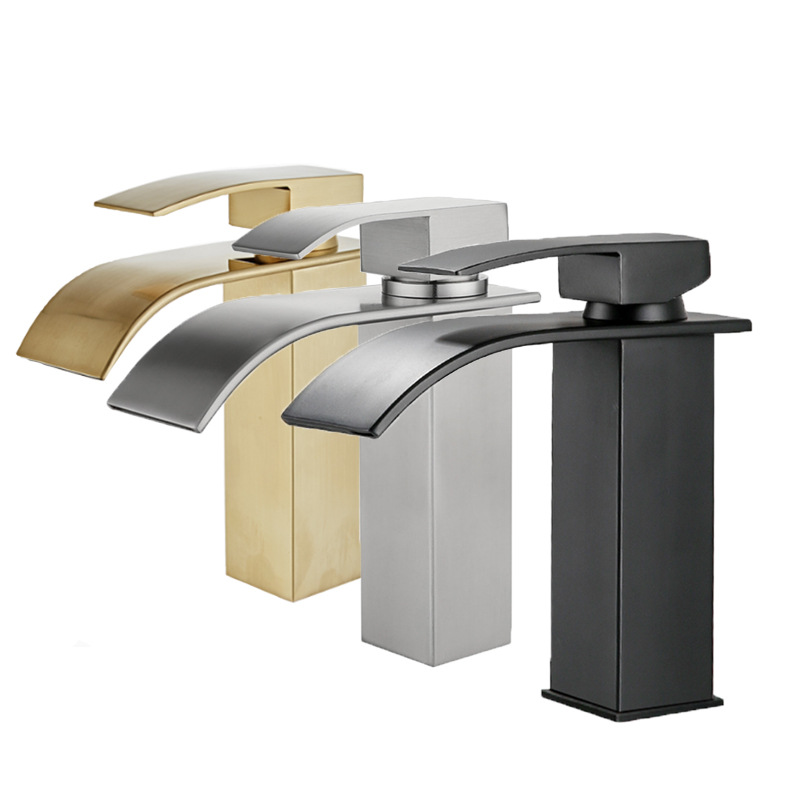 European-style brushed gold 304 stainless steel washbasin, hot and cold bathroom ceramic basin, single-hole countertop basin, waterfall faucet Item Picture
