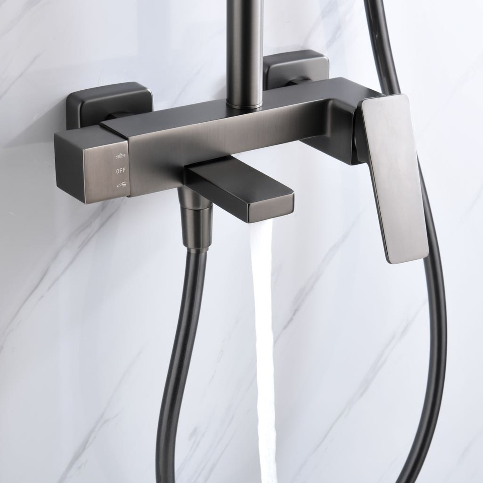 Bathroom wall-mounted square showerhead, cold and hot main showerhead set, built-in shower gun, grey washbasin faucet Application Scenario