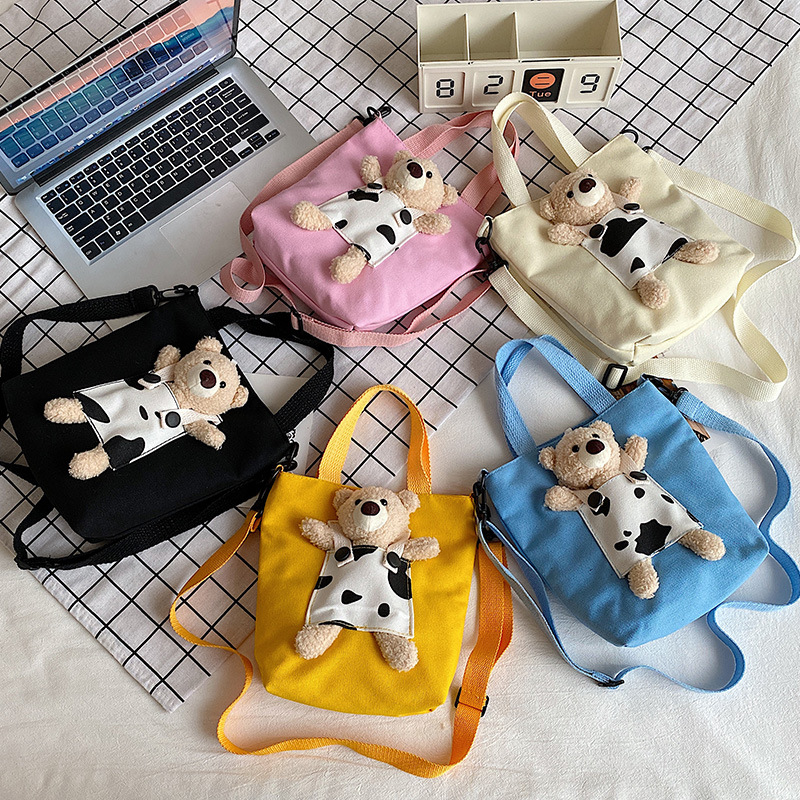 Japanese-style InS-style cute cartoon bear doll, girl student canvas crossbody bag, funny and unique single-shoulder bag full figure