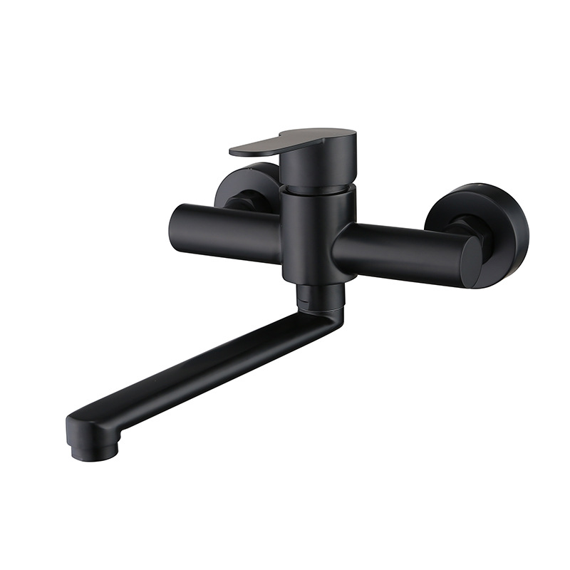 SUS304 stainless steel black wall-mounted extended spout rotatable double-hole cold and hot mixed faucet for balcony, kitchen and bathroom Item Picture