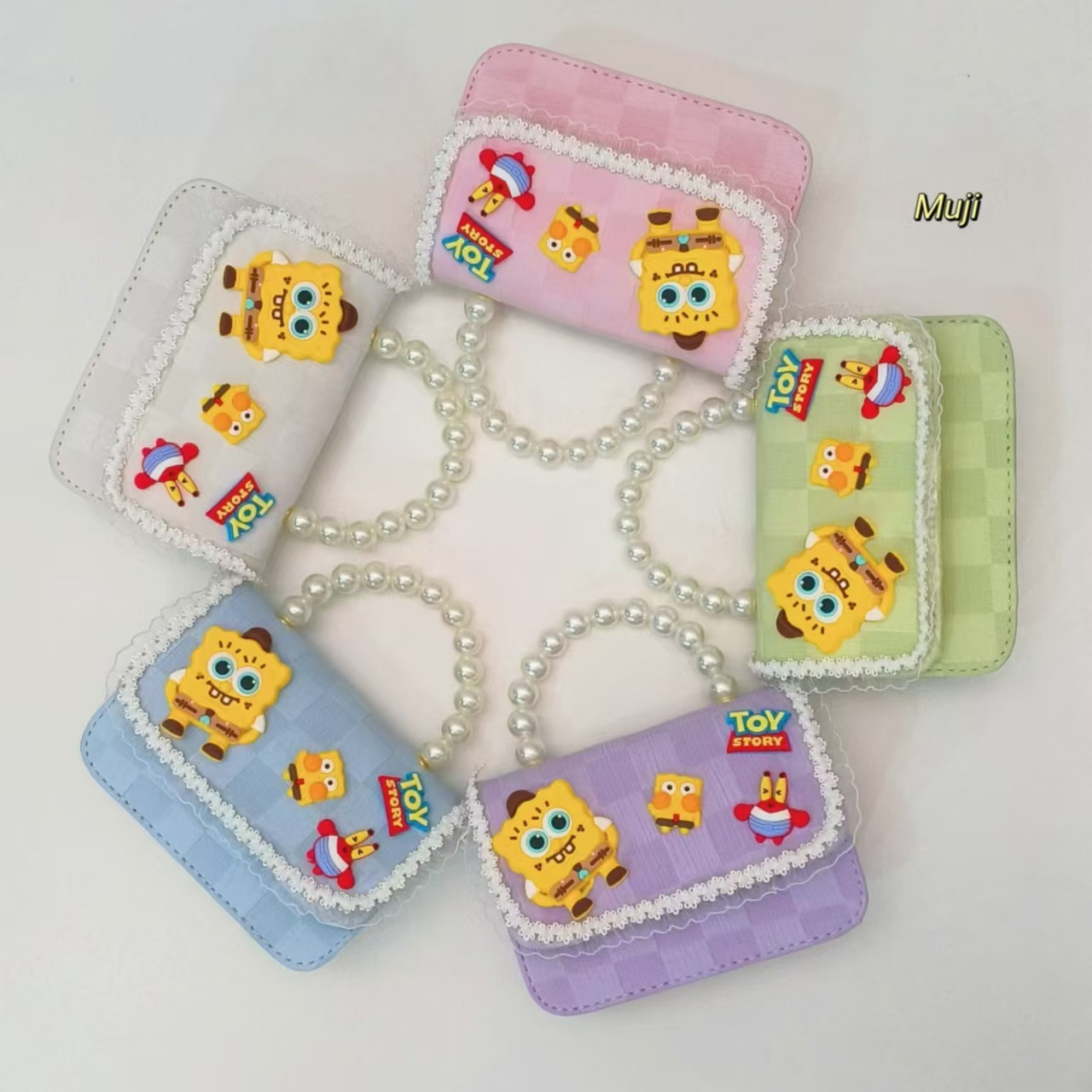 Pearl handbag, crossbody loose change accessory, small square bag, chain children's bag, SpongeBob SquarePants girl, New Year lucky money details Picture