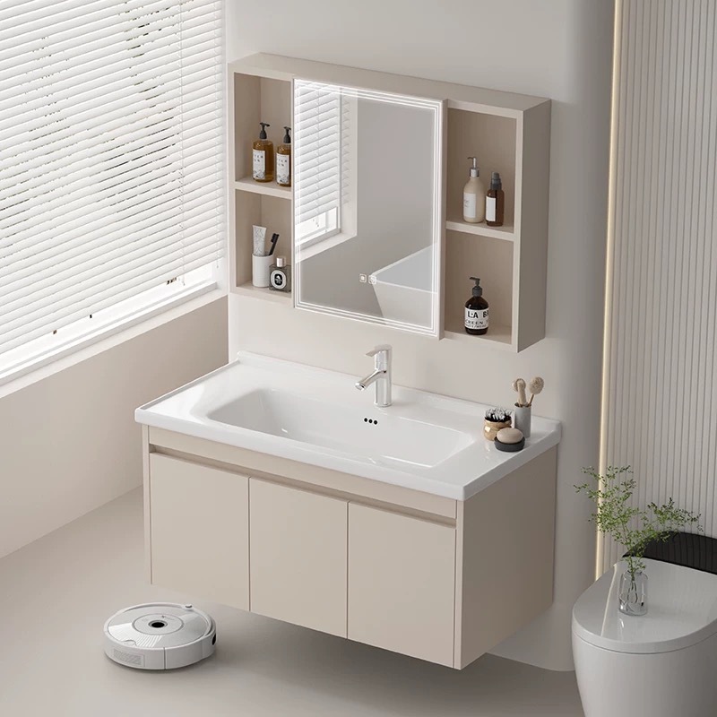 Cream-style honeycomb aluminum modern and simple bathroom hand-washing, face-washing and washbasin integrated ceramic basin bathroom cabinet set Application Scenario