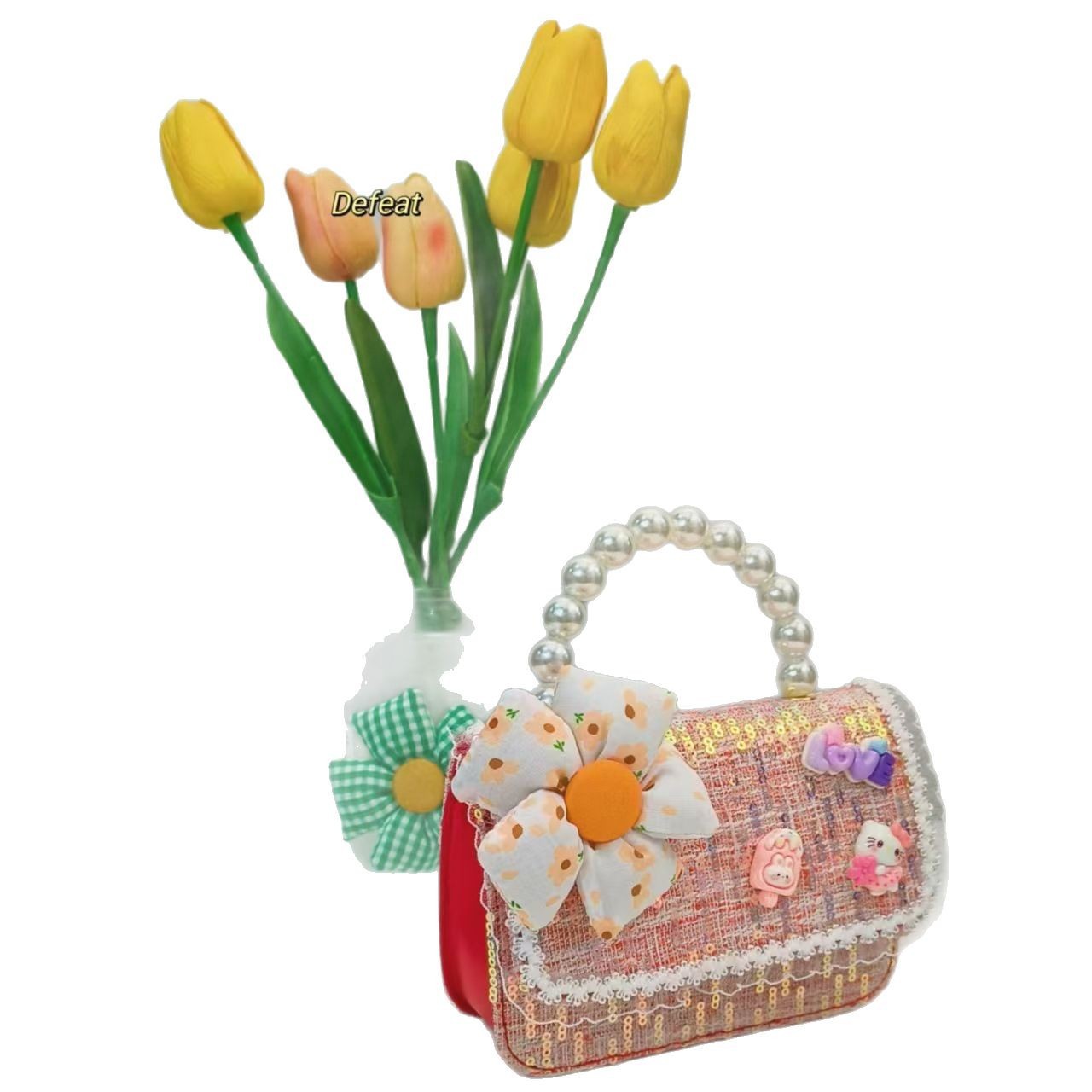 Flower pearl handbag, princess bag, sequined shoulder bag, little girl crossbody bag, small square bag, loose change accessory bag Item Picture