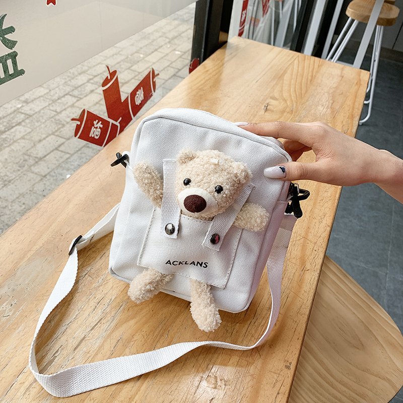 Spring 2024 new cute bear single-shoulder crossbody canvas small square bag, Instagram Japanese and Korean casual mobile phone bag for women Specification drawing