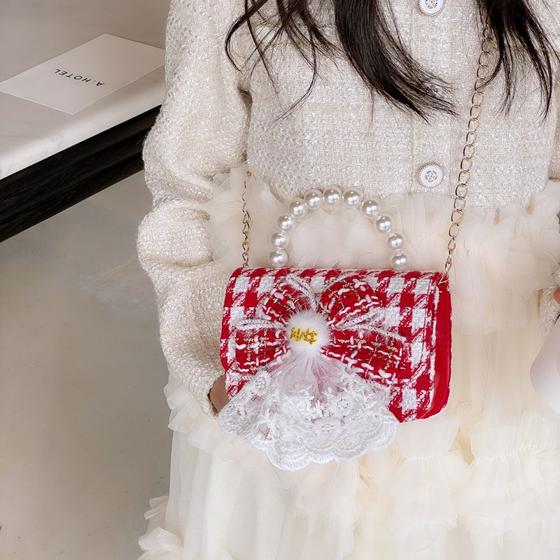 New ribbon bow children's bag, popular princess crossbody handbag, Chanel style fashionable pearl coin purse Specification drawing