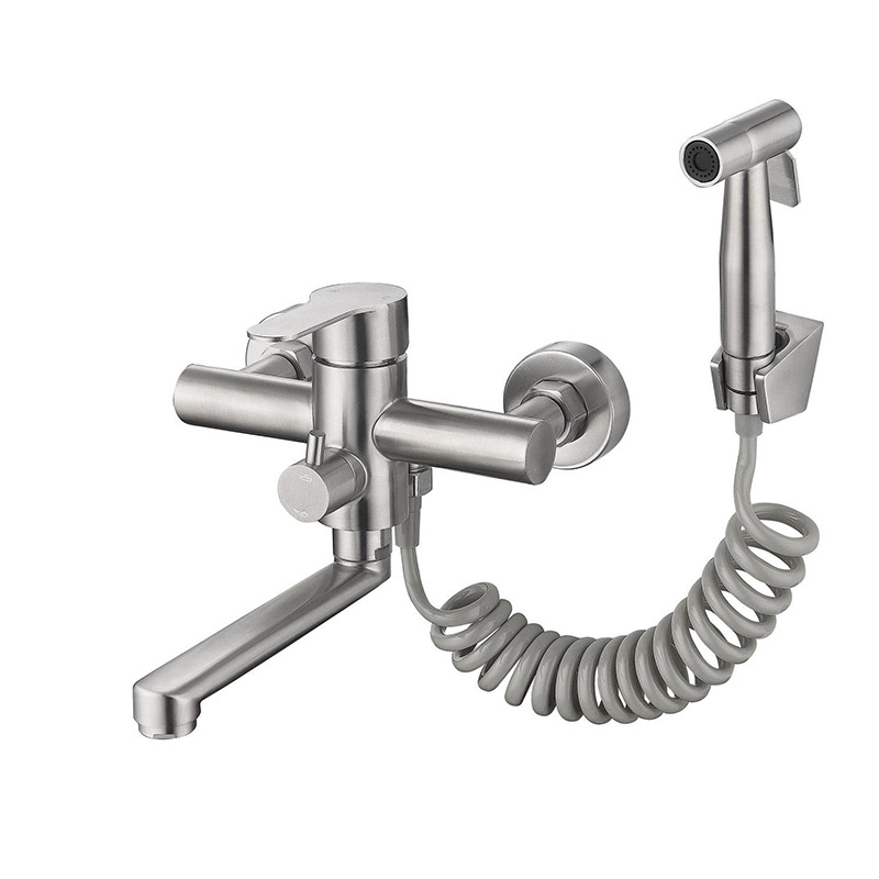 Amazon 304 stainless steel cold and hot mixed brushed wall double-hole with cleaning nozzle kitchen sink faucet Item Picture