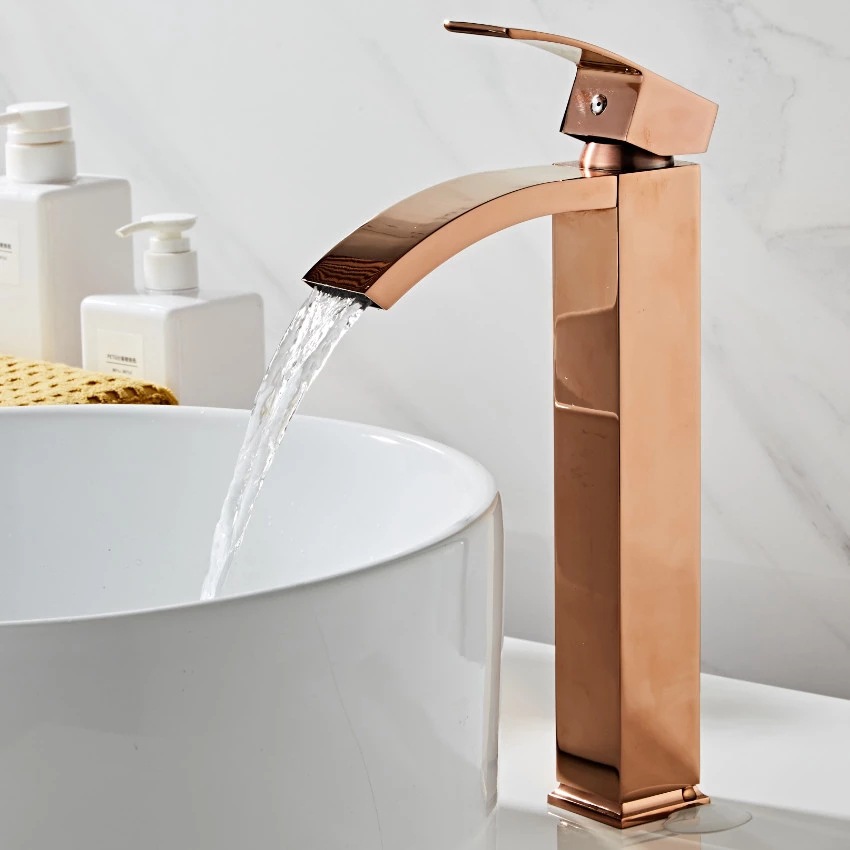 Rose gold bathroom basin, washbasin, waterfall, hot and cold water faucet, sitting single-hole countertop basin, mixed faucet details Picture