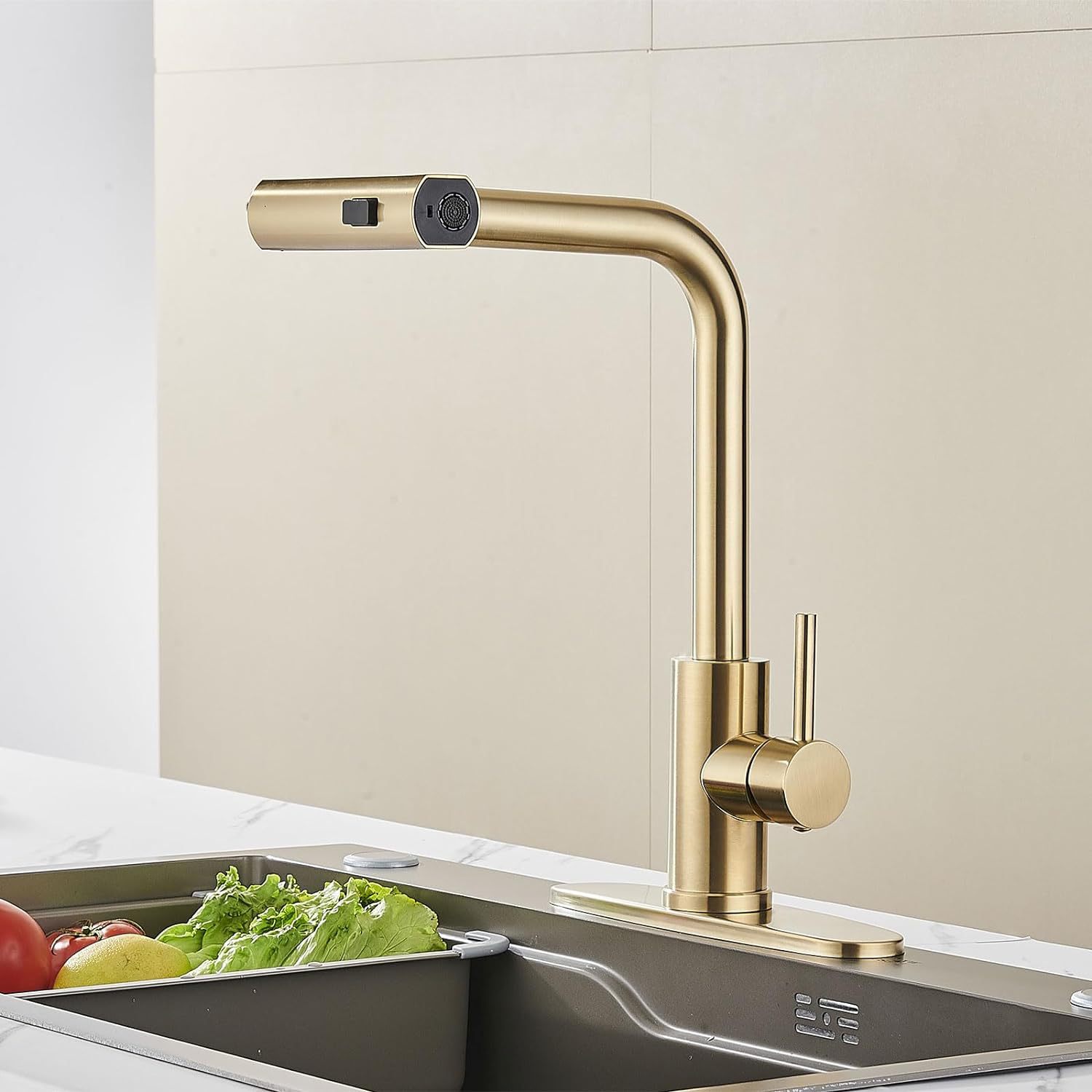 304 stainless steel kitchen brushed gold pull-out faucet, multi-functional waterfall cold and hot water sink faucet full figure