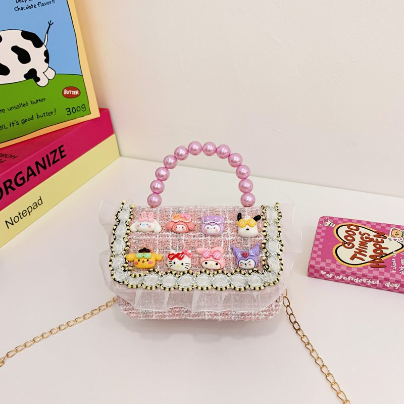 Children's bags, tweed small chanel-style pearl handbags, cute princess single-shoulder bags for girls, cartoon chain crossbody bags details Picture