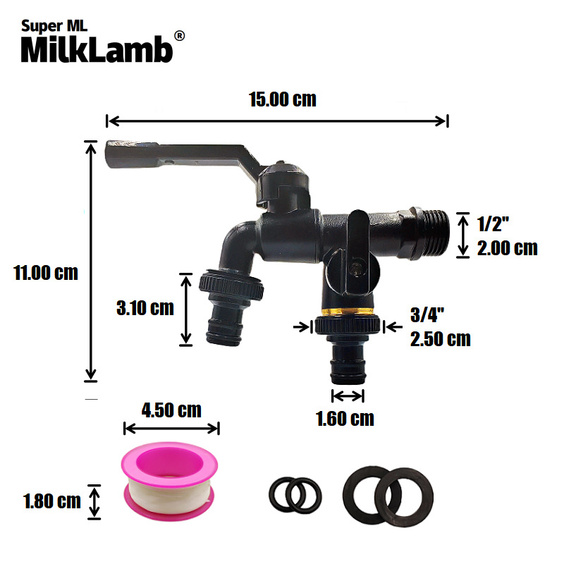 Cross-border exclusive 1/2 garden double water outlet brass faucet, one inlet and two outlets double pacifier nano black copper faucet details Picture