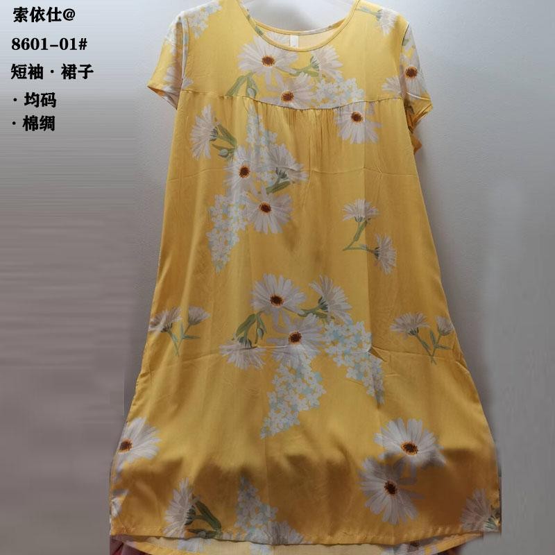 棉绸裙子人棉新款夏天短袖裙子女款外贸批发睡裙均码女袍家居服