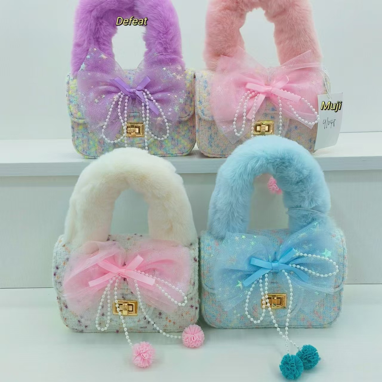Bow plush handbag, pearl children's bag, fashionable shoulder bag, crossbody bag, little girl's loose change accessory bag full figure