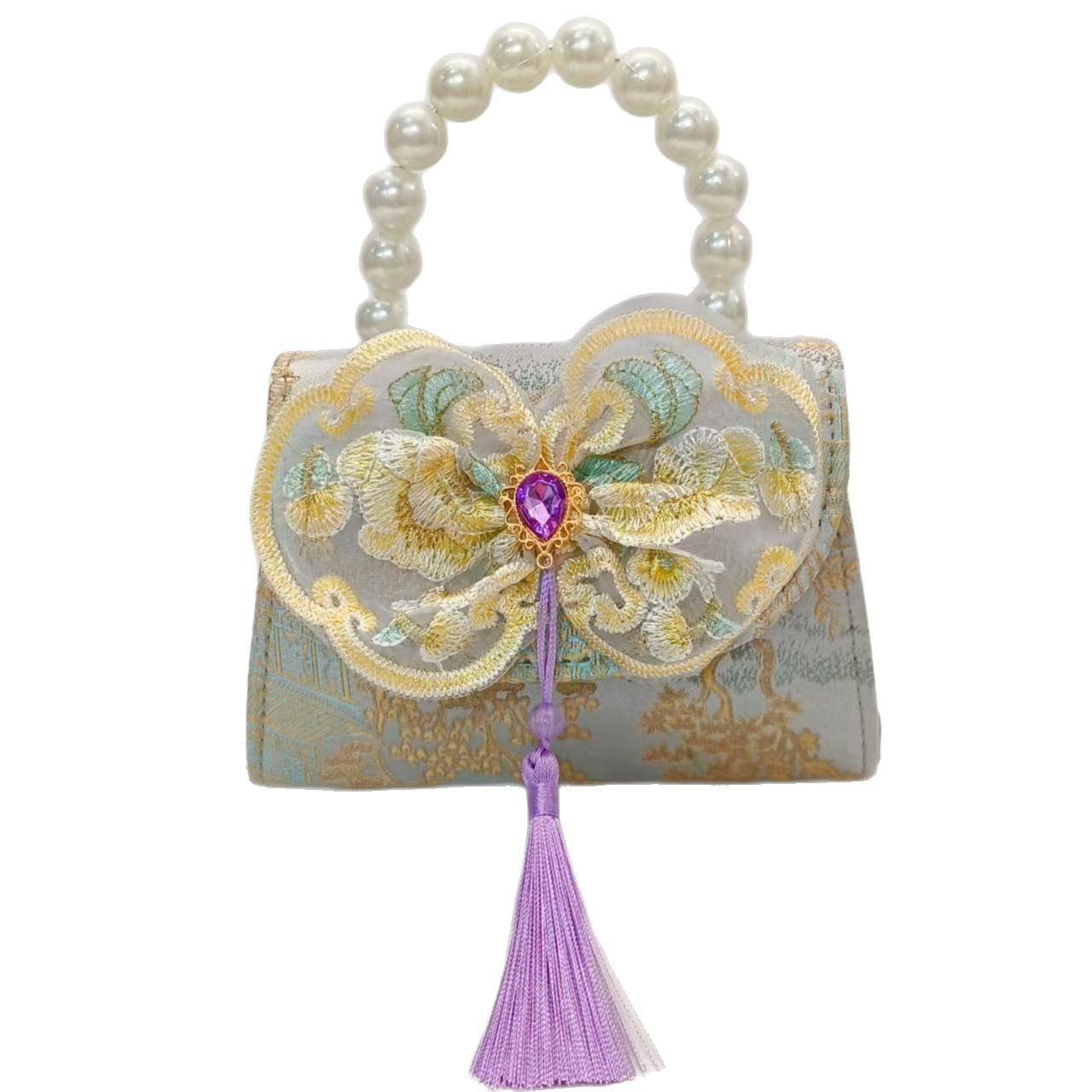 Chinese-style bow pearl handbag, princess bag, crossbody chain, ancient-style Hanfu children's accessory bag, girls' gift Item Picture