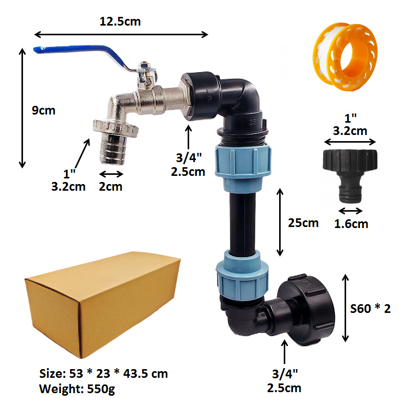 Cross-border exclusive coarse tooth single bucket height-increasing iBC ton bucket adapter with 3/4x1 zinc alloy faucet set Specification drawing