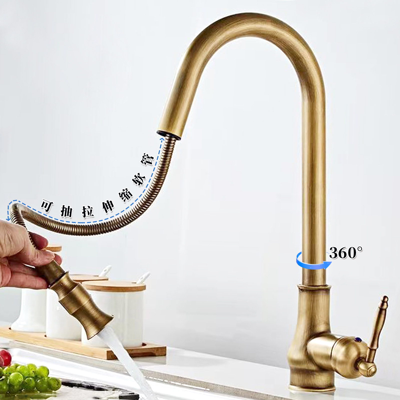 Brass European-style pull-out faucet, light luxury French retro kitchen sink, kitchen sink, cold and hot water faucet, splash-proof household details Picture