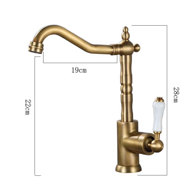 The antique-style kitchen features a rotating hot and cold water faucet, a gold and silver chrome-plated washbasin faucet, and a black bathroom cabinet faucet Item Picture