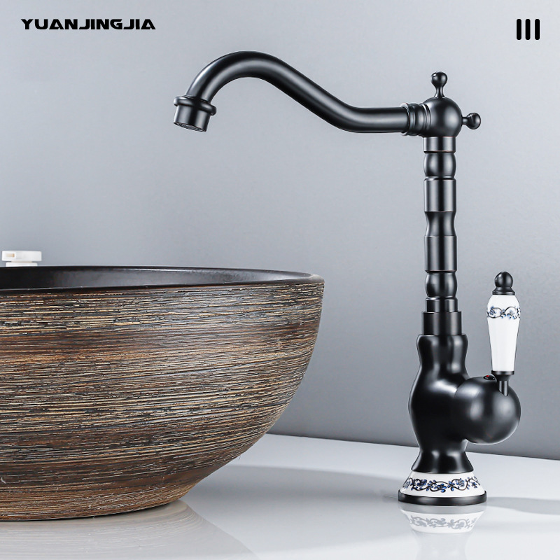 French retro copper washbasin faucet, household balcony washbasin, countertop basin, hot and cold rotatable kitchen faucet Specification drawing