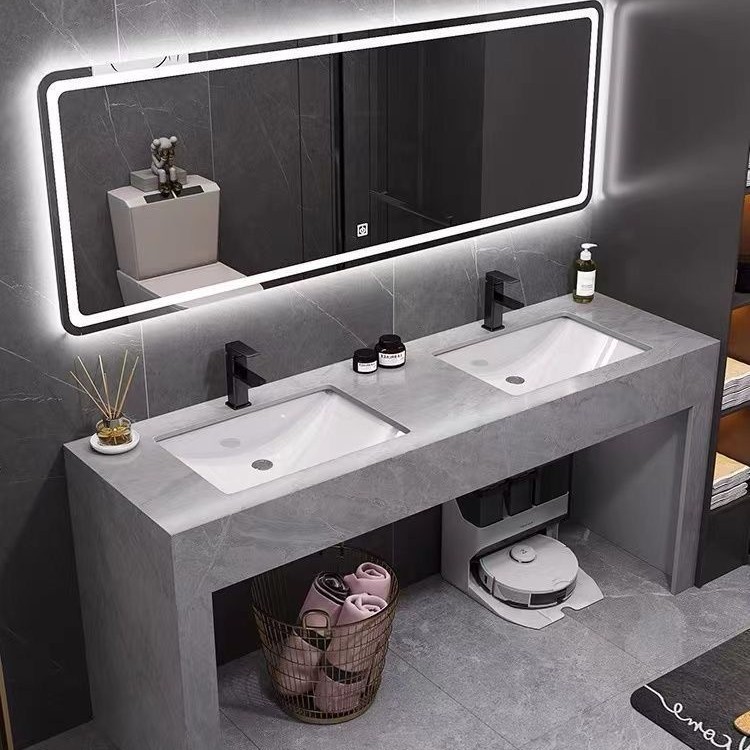 Modern and simple marble double-basin bathroom cabinet combination, washbasin, public bathroom, floor-standing bathroom details Picture