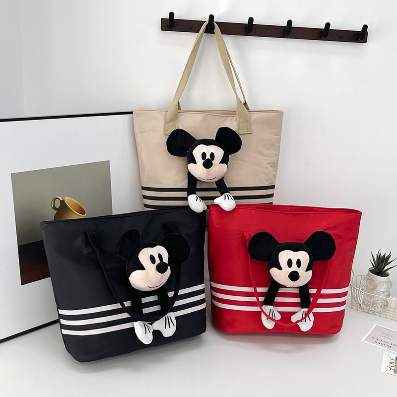 Large-capacity shopping and grocery bag, Korean-style chic casual versatile nylon contrasting color striped single-shoulder crossbody bucket bag full figure
