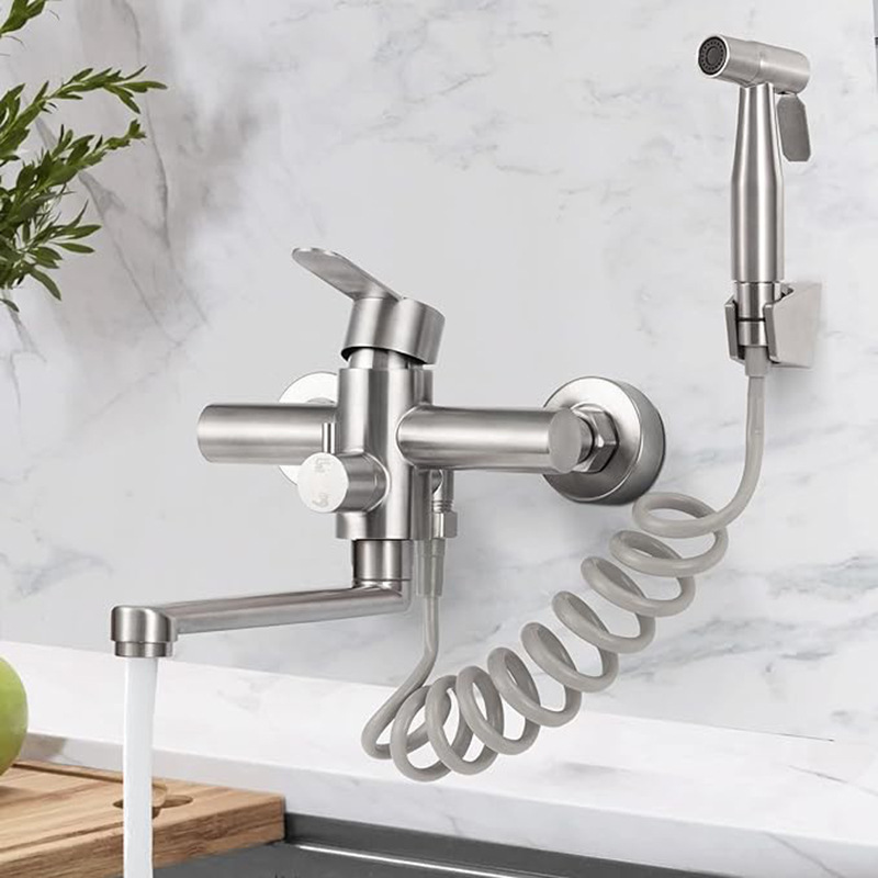 Amazon 304 stainless steel cold and hot mixed brushed wall double-hole with cleaning nozzle kitchen sink faucet details Picture