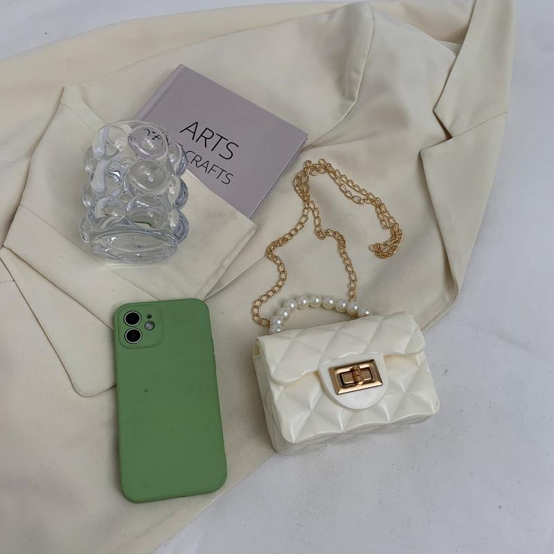 Children's bags 2021 New Style Girls' pearl Handbag, Little Chanel diamond-shaped Jelly Bag, mini single-shoulder crossbody bag Specification drawing