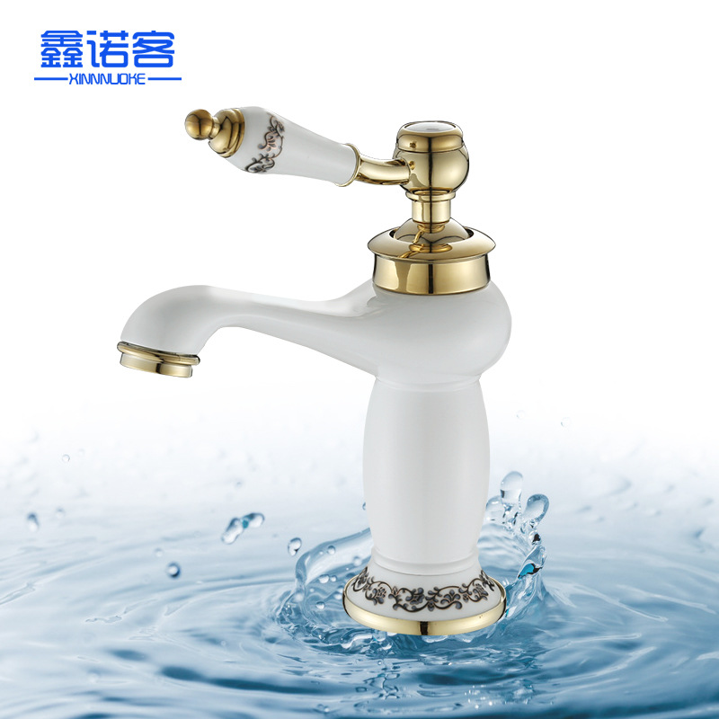 Wholesale European-style bathroom porcelain white lacquered faucet countertop basin, cold and hot titanium gold single-hole washbasin faucet from the manufacturer details Picture