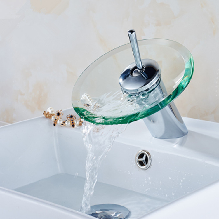 All-copper washbasin, countertop basin, glass faucet, cold and hot glass single handle, bathroom creative waterfall, stainless steel faucet Specification drawing