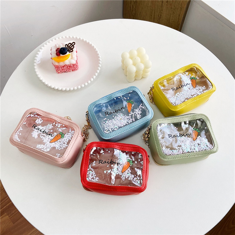 Children's Bag 2021 Summer New Style, cute baby transparent sand small square bag, chain single-shoulder crossbody bag, coin purse details Picture