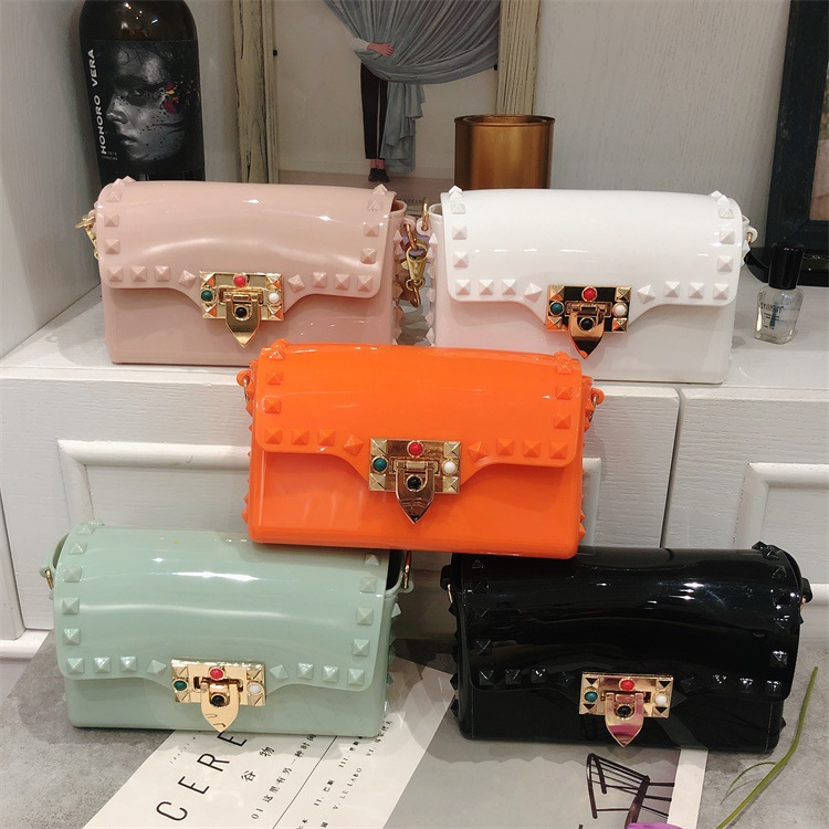 Summer 2025 new macaron jelly bag, pvc rivet drill mini square bag, crossbody seaside single-shoulder bag full figure