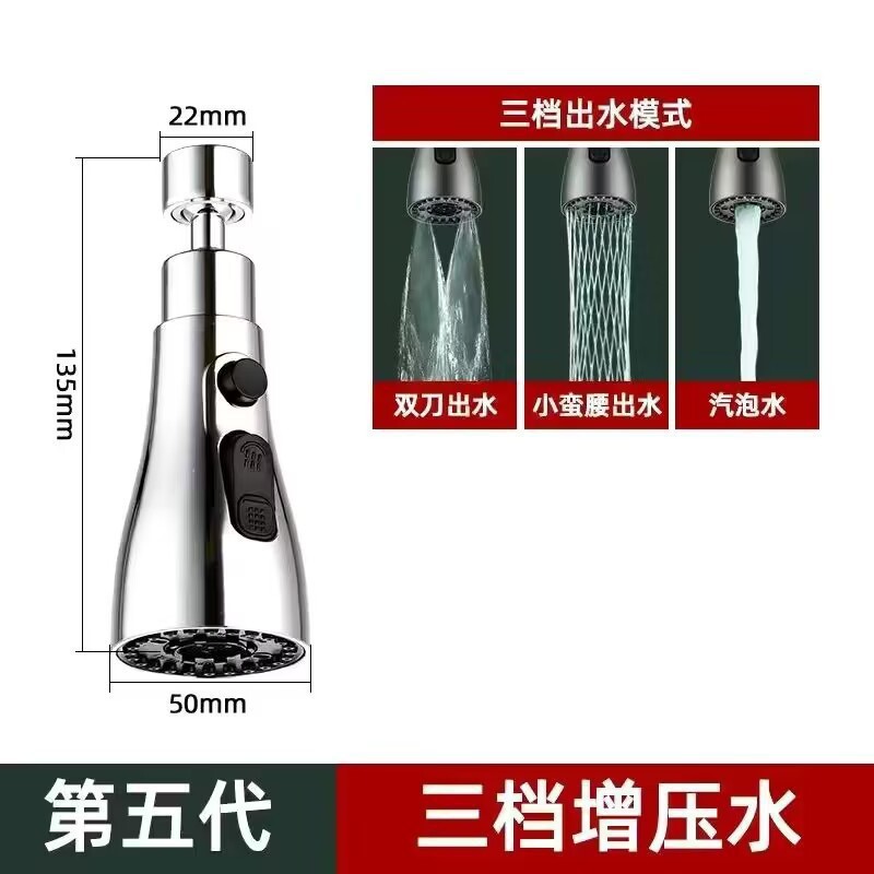Multi-functional extension nozzle for kitchen faucets, anti-splash bubble maker, pressurized shower head, blade, universal extension device Application Scenario