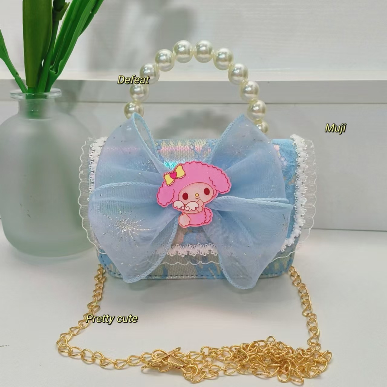 Pearl handbag, princess bag, crossbody bag, small square bag with loose change, chain bag, Melody cartoon bag, bow for children Specification drawing