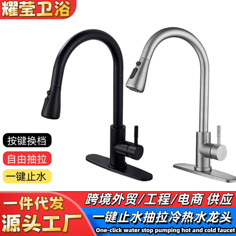 Cross-border 304 stainless steel pull-out faucet, kitchen hot and cold universal rotating telescopic sink, kitchen sink faucet full figure