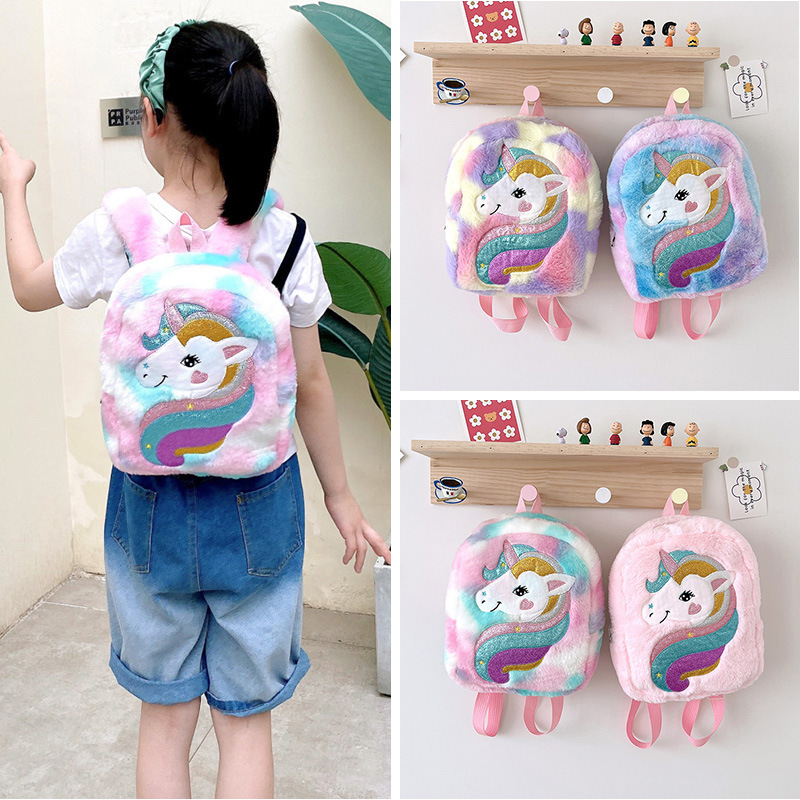 New embroidered unicorn cartoon plush backpack, large-capacity girls' backpack, cute schoolbag for kindergarten details Picture