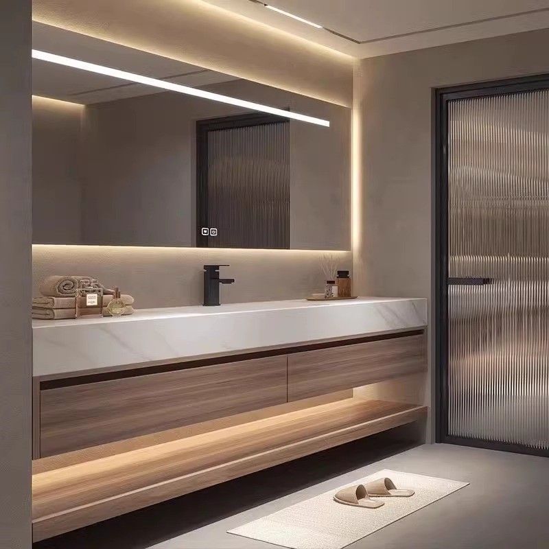 Solid wood rock plate seamless ceramic basin bathroom cabinet combination, bathroom washbasin, washbasin, mirror cabinet combination full figure