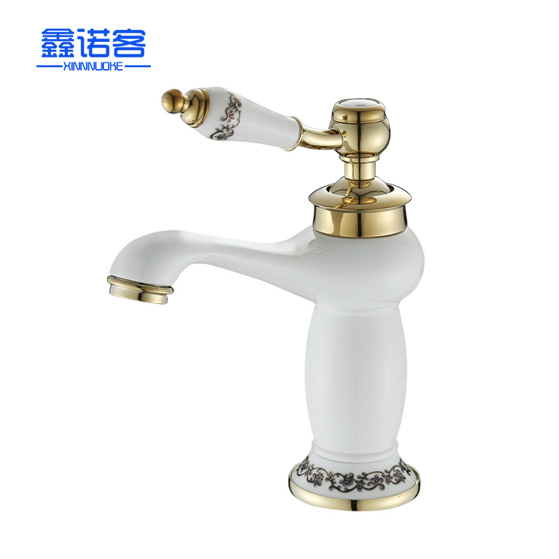 Wholesale European-style bathroom porcelain white lacquered faucet countertop basin, cold and hot titanium gold single-hole washbasin faucet from the manufacturer Item Picture
