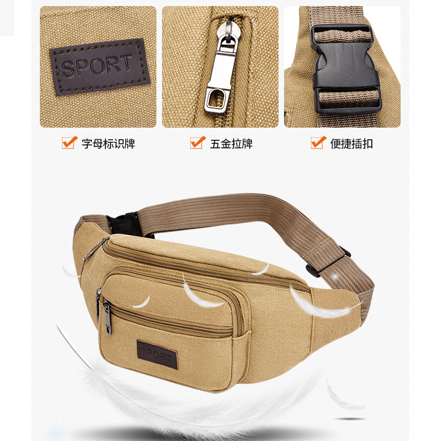 Men's multi-layered multi-functional waist bag, outdoor sports thickened canvas crossbody bag, cash register water-resistant details Picture